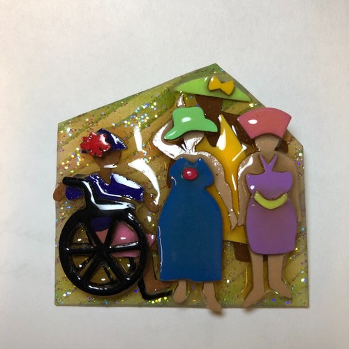 Vtg -1990's-Handmade by LUCINDA YATES - "Woman Pin"-Glitter- Wheelchair- Hats