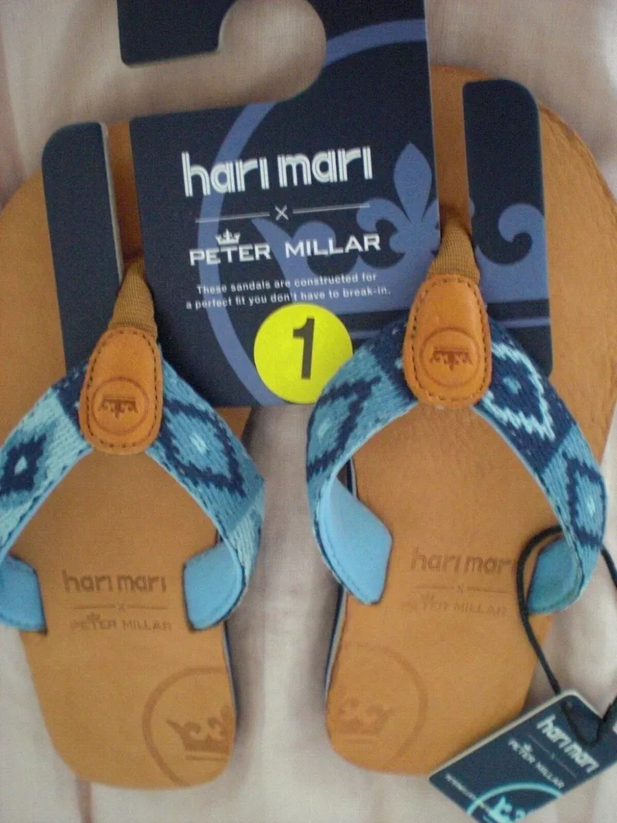 Peter Millar x Hari Mari Leather Flip Flops NWT Youth Size 1 Blue Tan 75