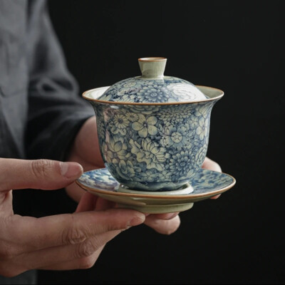 Antique Flowers Ceramic Opening Gaiwan For Tea Blue Tureen Teaware Set Chinese 