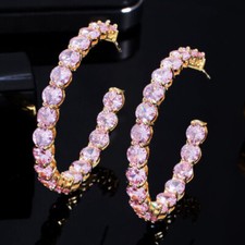 Dazzling Pink Round Cubic Zirconia Party Hoop Earrings Gold Plated Women Jewelry