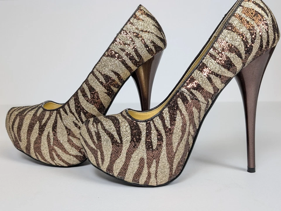 Zapatos para mujer Qupid 5 pulgadas tacones dorado marrón rayas talla 6 vestido de fiesta ¡brillo! Foto 4 de 4