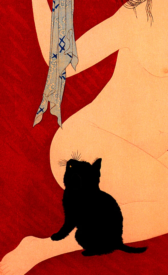 Impresión japonesa de gato virgen y negro 15x22 de Hiroaki arte asiático Japón Foto 3 de 4