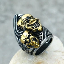 Double Smile Face Skull Head Ring Stainless Steel Men Biker Skull Ring Size 7-13