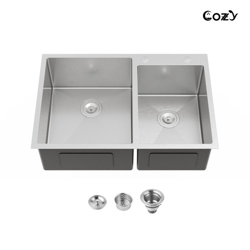 COZY Stainless Steel Kitchen Sink, 33" Double Bowl Brush Nickel Overmount