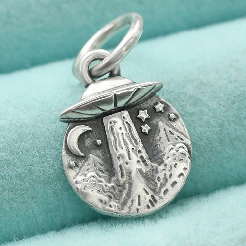UFO Alien Space Pendant Charm In 925 Sterling Silver Flying Saucer Moon Night