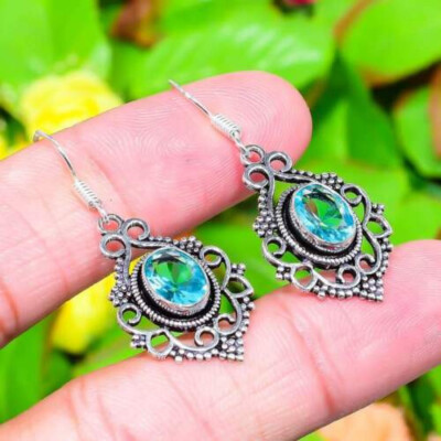 Handgefertigte Ohrringe 925 Sterling Silber Lush Blue Topas Oval D-479