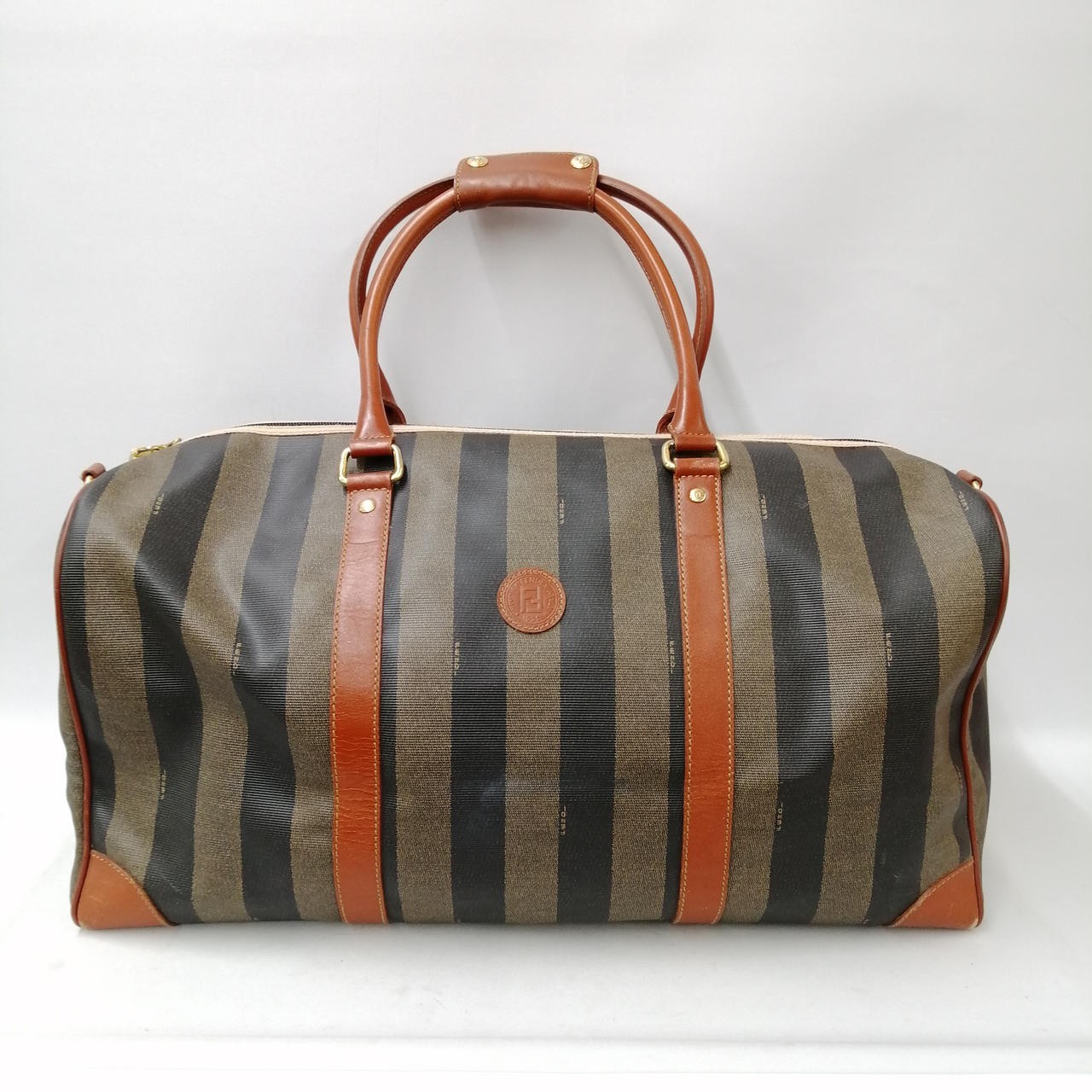 FENDI Pecan Travel Bag Brown PVC Leather Boston Duffle Large Used