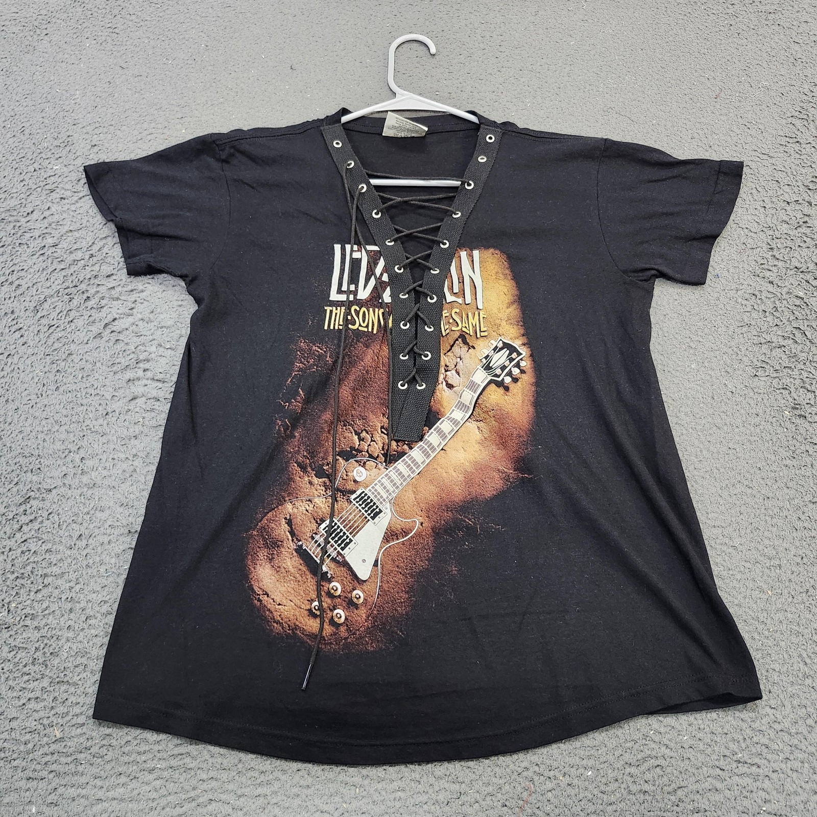 Led Zeppelin Shirt Womens L Black Lace Up Studded V Neck Band Graphic Tee Top