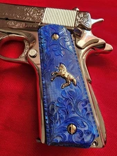 GOLD PLATE" HORSE " 1911 Custom BLUE  Pearl Engraved grips Colt  38 super  45acp