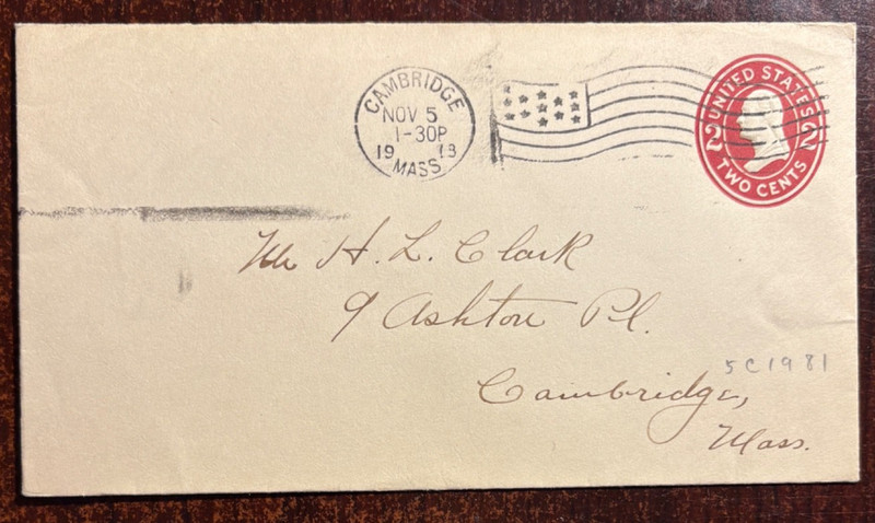 Vintage Envelope Cambridge, MA 11/5/1913 Flag cancel
