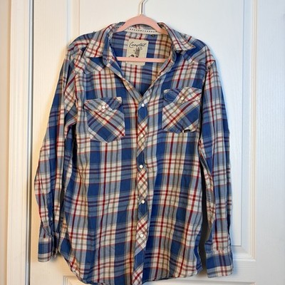 Coastal Shirt Mens Large Blue Red Plaid Western Pearl Snap Long Sleeve Cowboy