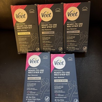(5)  Veet Ready To Use Wax Strip Kit - For Body Hair Removal - 40 strips/4 wipes
