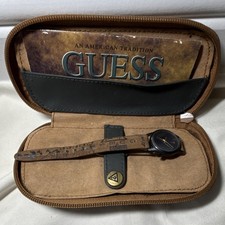 GUESS Vintage Quartz Water-Resistant Black Dial Brown Leather Strap Watch Box