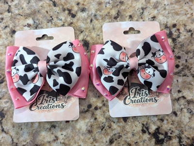 Girls 2 Pack 4'' Cow Print Hair Bow Clip Iris Creations Pink Black