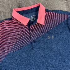 Under Armour Polo Shirt Mens XL Blue Coral Stripe Playoff Golf Performance