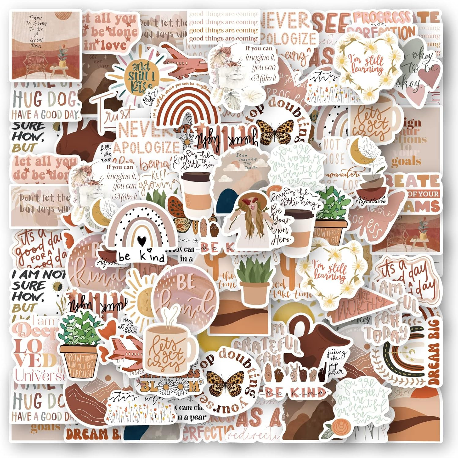 50PCS Boho Aesthetic Inspirational Stickers - Motivational Quotes for Water Bott