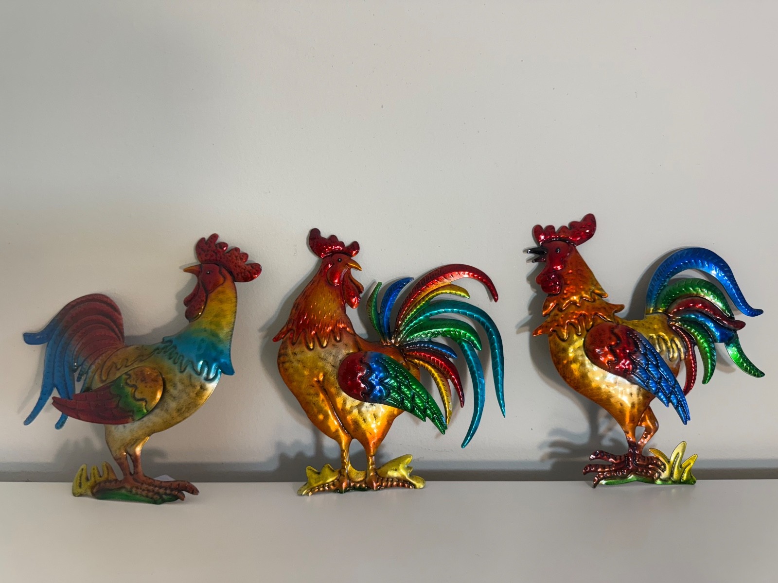 Set of 3 Colorful metal rooster wall art Decor, handcrafted farmhouse
