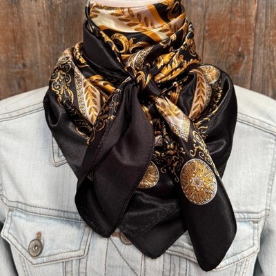 Black and Gold Floral Printed Western Southwestern Wild Rag Scarf Accent