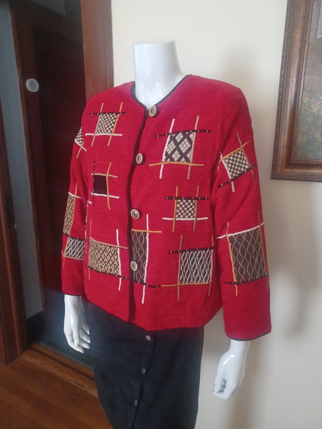 Vintage Alex Kim Red Patchwork Toggle Jacket Rayo… - image 4