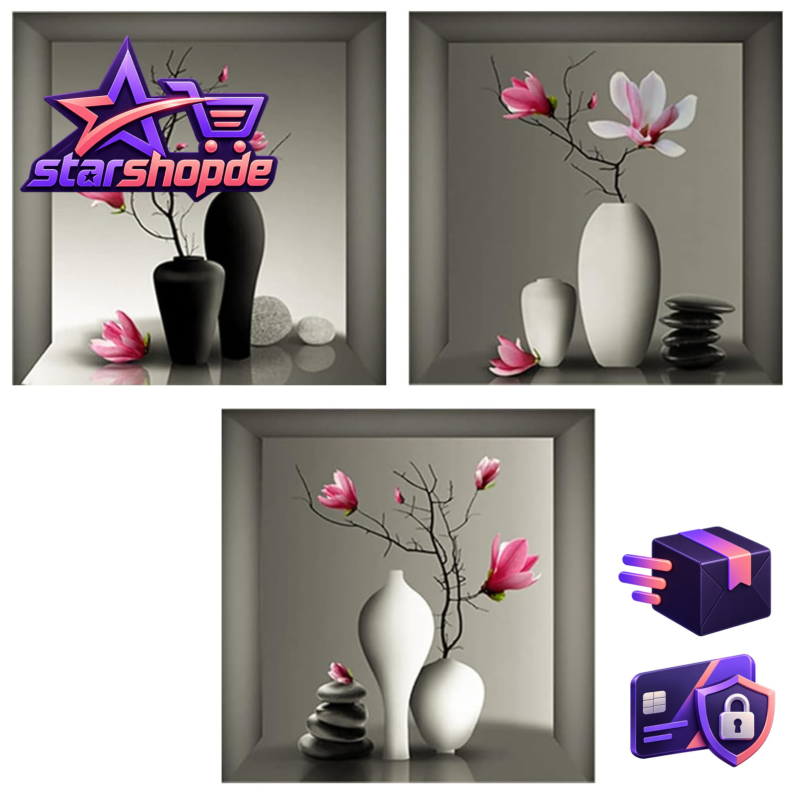 Fyihoxi 3D-Wandaufkleber, weiße Vase und Blumen, 30 x 30 cm, Wandkunst, 3 Stück