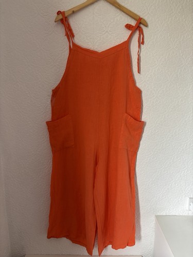 Made In Italy Orange 100% Linen Wide Leg Shortie Play Suit Dungarees One Size