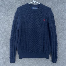 Polo Ralph Lauren Sweater Mens XLT Blue Cotton Cable Fisherman Knit Crewneck