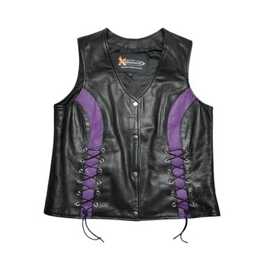 Xelement Vest Womens Large Black Purple Leather Lace Up Motorcycle Biker