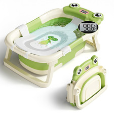 Collapsible Baby Bathtub with Cushion Thermometer, Green 0-24 Months