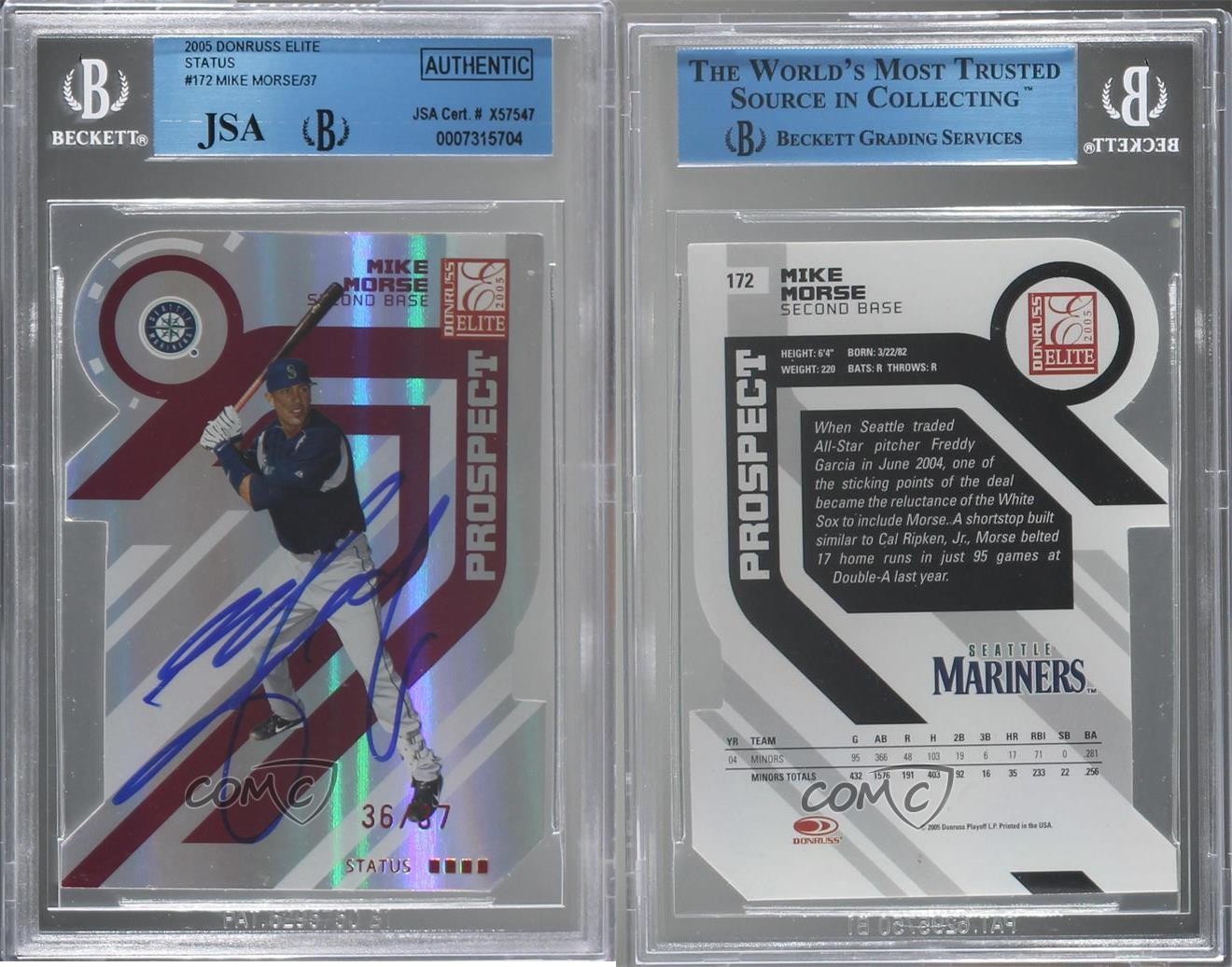 JSA Certified 2005 Donruss Elite Status 36/37 Mike Morse #172 Rookie Auto RC 0lm