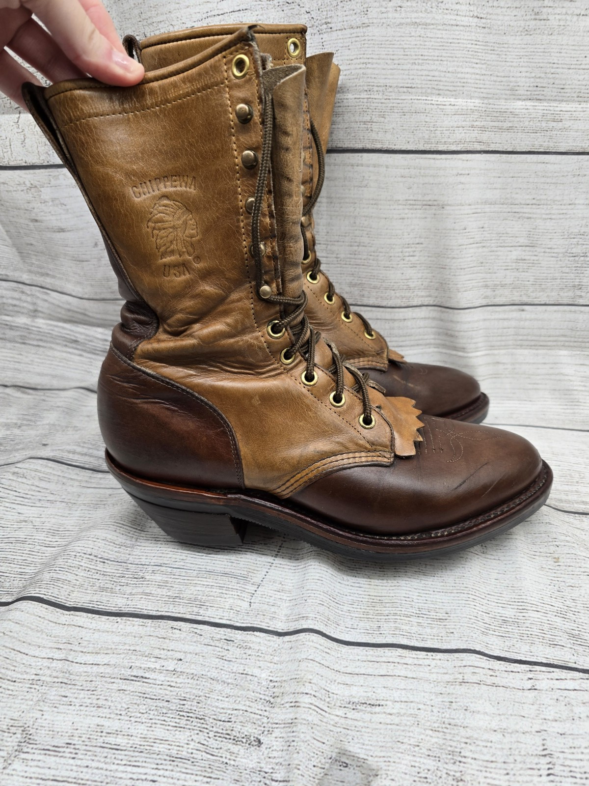 SAOLA Chippewa stivali derby in pelle marrone bicolore scarpe da uomo US 7 5 (24154)