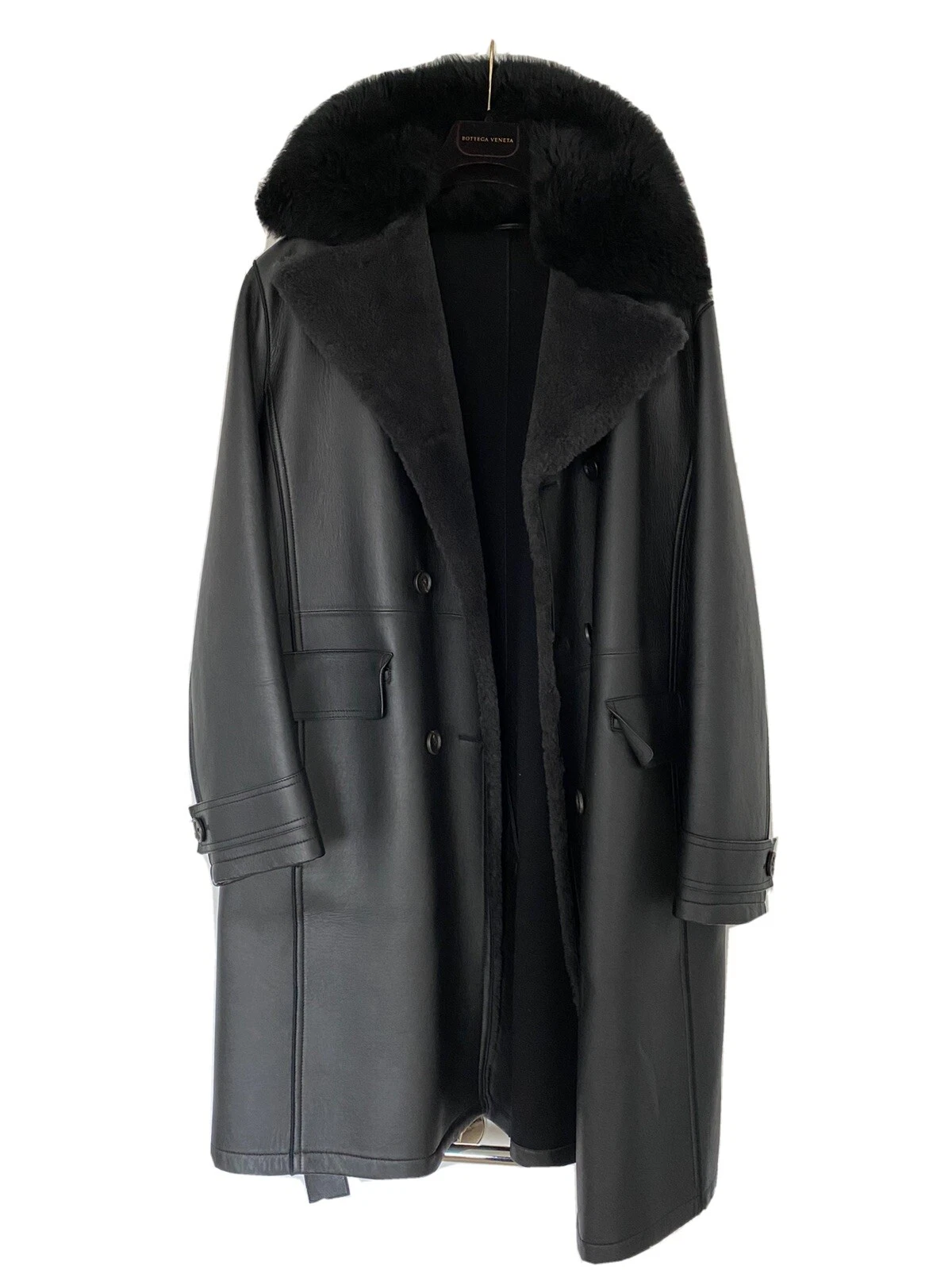 Cappotto avvolgente Bottega Veneta donna US 44 lana shearling pelle nero originale $7k