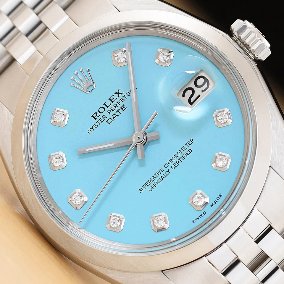 ROLEX OYSTER PERPETUAL DATE 34MM 1500 AQUA BLUE DIAMOND DIAL STEEL WATCH