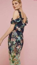NWT Oasis Fitzwilliam Museum Navy Green Floral Butterfly Midi Frill Dress 12 £60