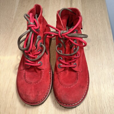 KICKERS HI ANKLE BOOTS RARE Red Suede LEATHER Sz 37 Unisex SHOES. Adorable!!