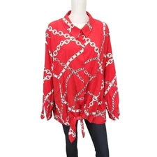 Susan Graver Stretch Woven Tie Front Printed Tee Shirt 28W Plus Sz 3X Red Top