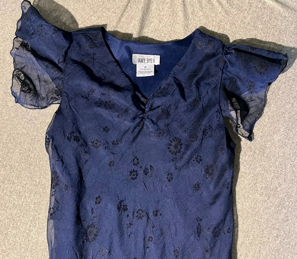 Vestido Formal De Colección Amy Byer Niñas Jóvenes Talla 16 Azul Oscuro Bordado En Capas  Foto 3 de 4