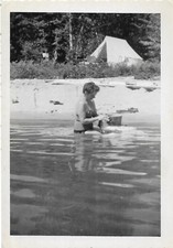 vtg photo woman in swimsuit camping tent washing laundry in the lake vernacular