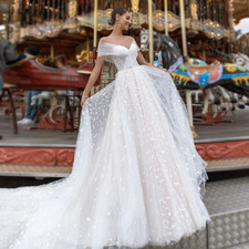 A-line Wedding Dresses Illusion Point Wave Lace Pearls Off Shoulder Beach Gowns