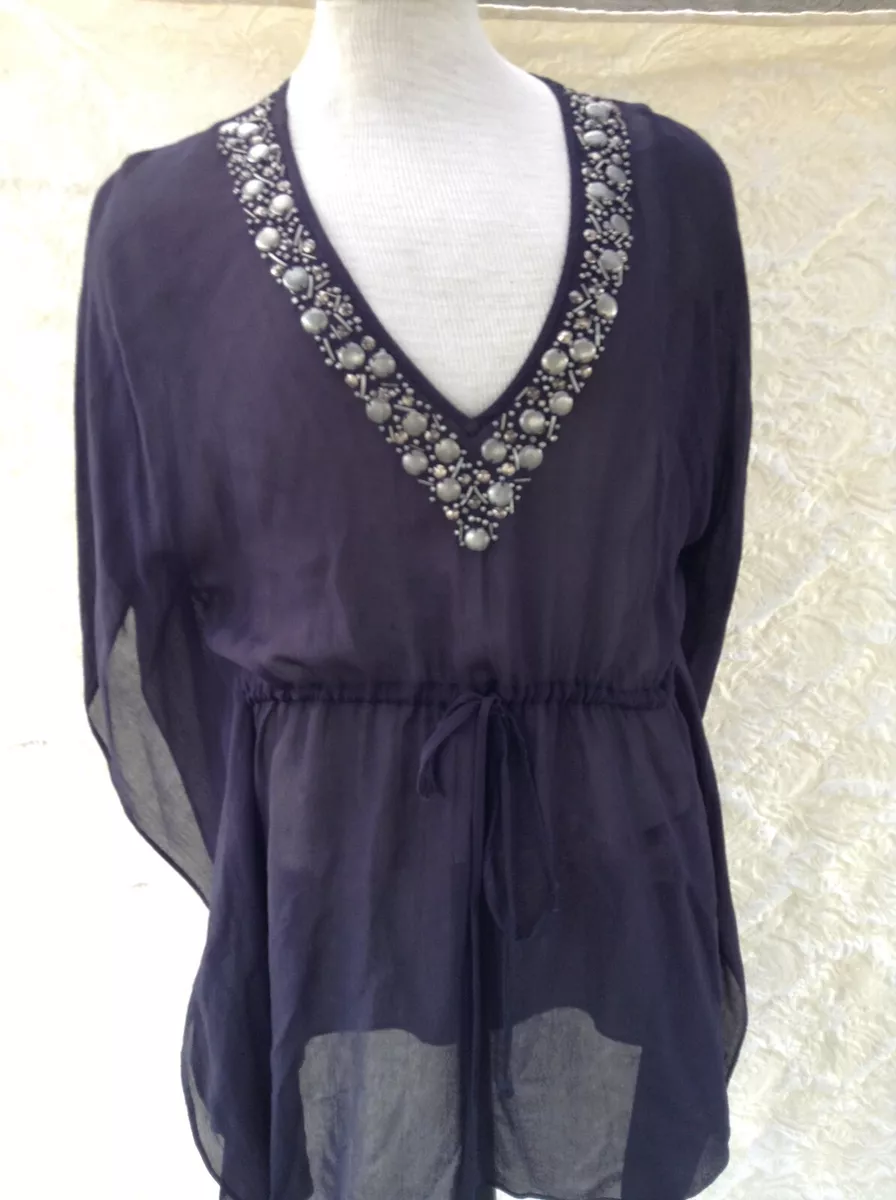 MICHAEL KORS BEACH COVER UP METAL EMBELLISHED NECKLINE. SZ S M NAVY BLUE RAYON