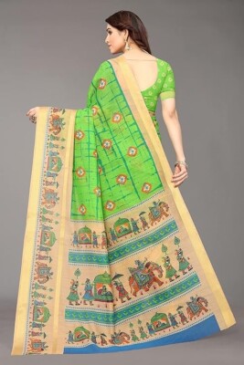 Traditional Green Khadi Cotton Saree Women Indian Sari With Running Blouse