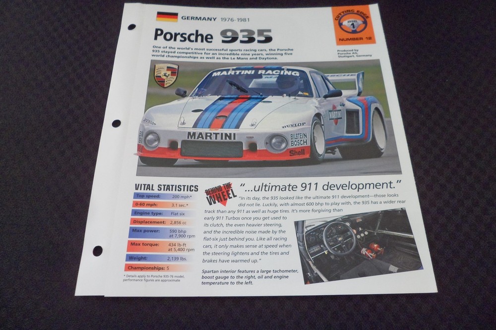 Hot Cars 1976-1981 Porsche 935 Race Car IMP Info Fold-Out Spec Sheet
