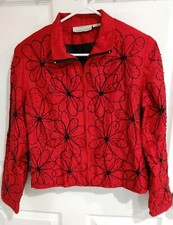 Casual Living red silk jacket blazer with black embroidered floral pattern Small