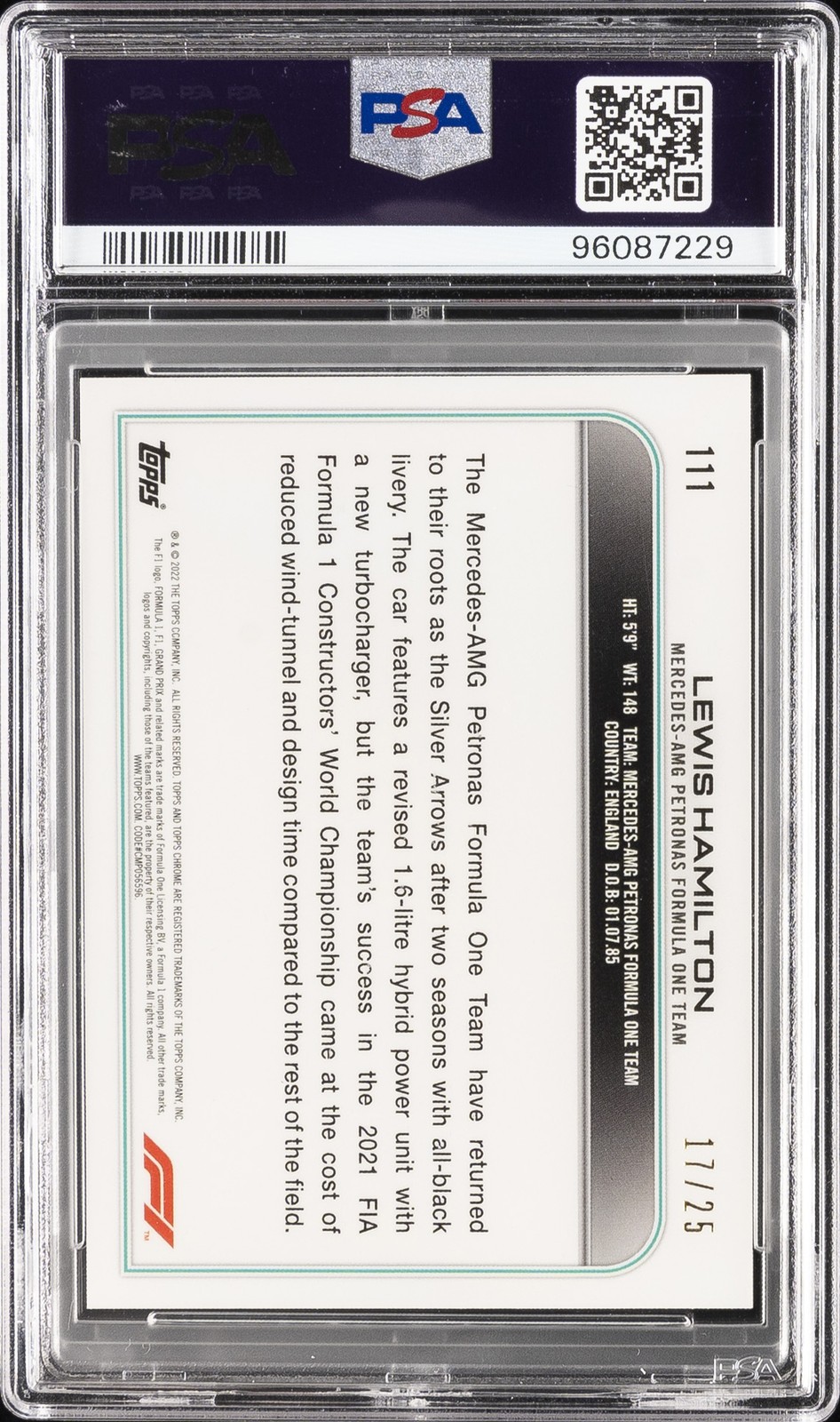 2022 TOPPS CHROME FORMULA 1 SAPPHIRE EDITION ORANGE LEWIS HAMILTON 17/25 PSA 9 view 2