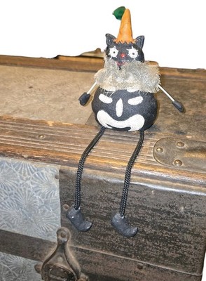 Vintage Folk Art Halloween Decor Sitting Black Cat Figurine Skeleton 