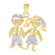 Real 10K Two Tone Gold Texture Diamond Cut Baby Boy Girl Holding Hands Pendant