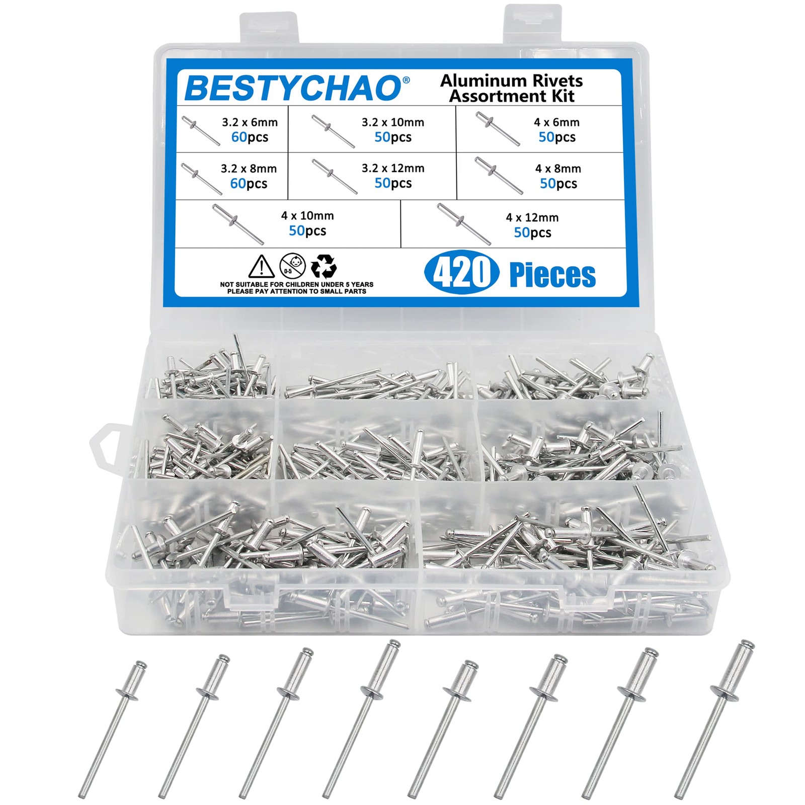 Kit assortiment de rivets pop aluminium de 8 tailles pour fixation métal, 420pcs