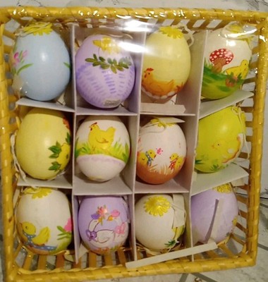 Set of 12 Vintage Easter Spring Egg Hand Painted Genuine Egg Shell Ornaments