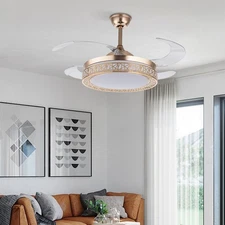 45W Modern Retractable Ceiling Fan Light Golden LED Chandelier w/ Remote Control