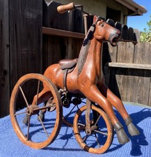 Vintage Wooden Carved Horse Tricycle Leather Saddle Horse Hair Tail 12 Inch High