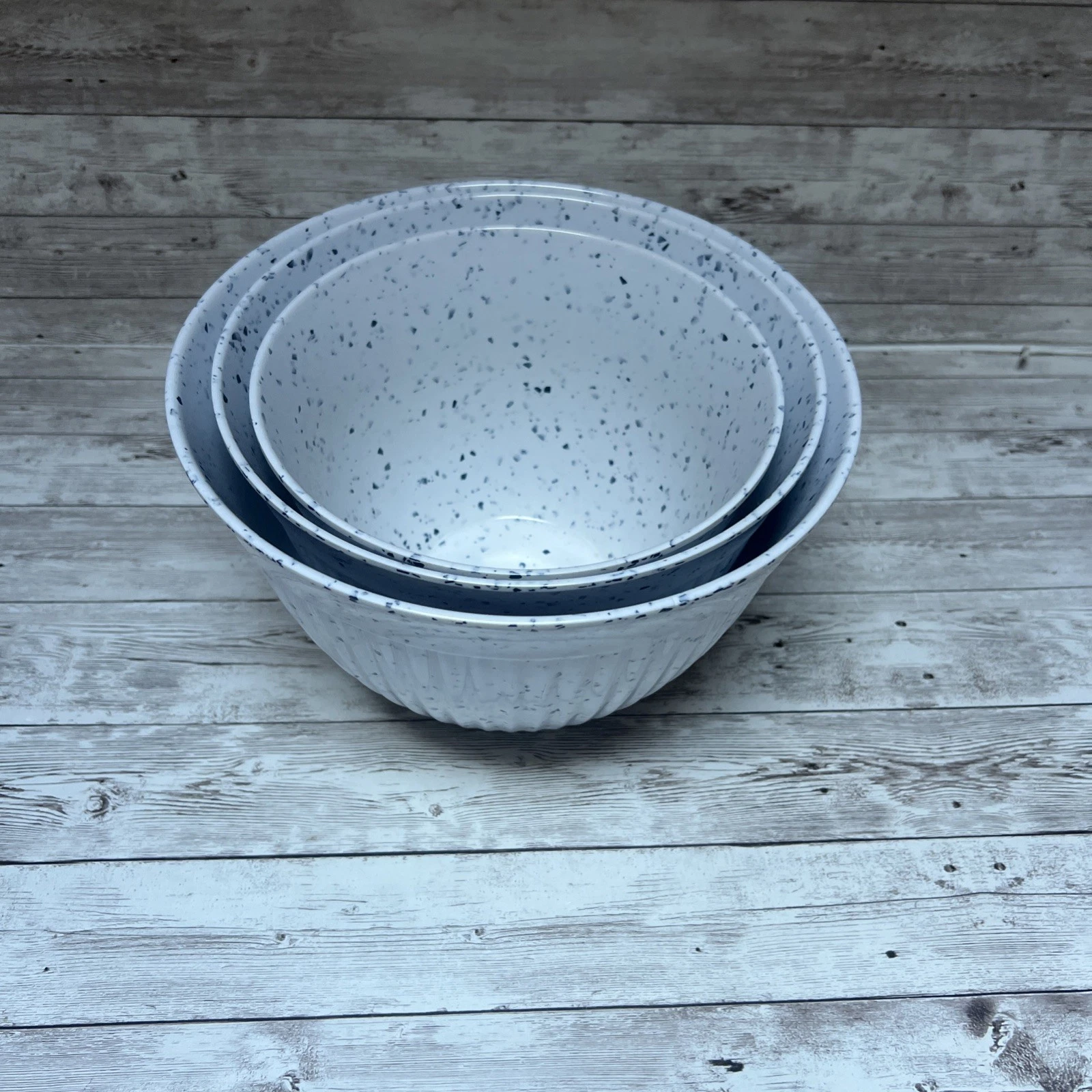 Set Of 3 Vintage Il Mulino Melamine Mixing Bowls White With Blue Flecks Nonslip